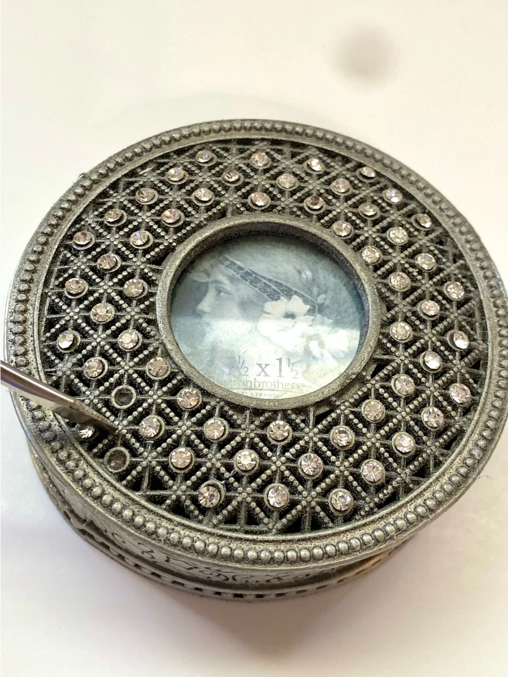 Vintage Rhinestone Bejeweled Custom Photo Metal Trinket/Keepsake Box